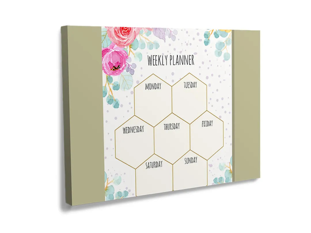 Kurkborden op canvas met bloemen weekplanner met zeshoeken – formaat 120 × 80 cm
