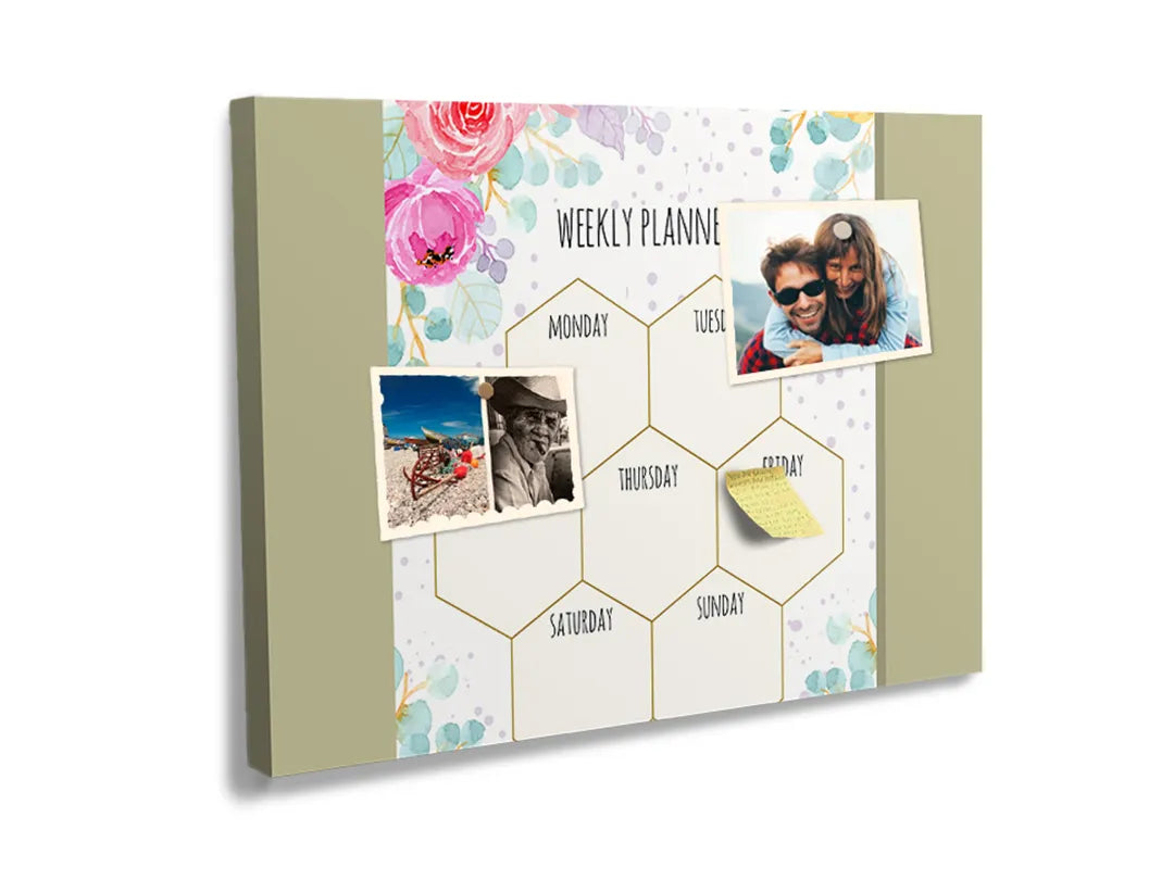 Kurkborden op canvas met bloemen weekplanner met zeshoeken – formaat 60 × 40 cm