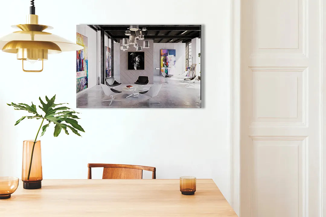 Kurkborden op canvas met modern interieur met kunstwerken – formaat 100 × 70 cm