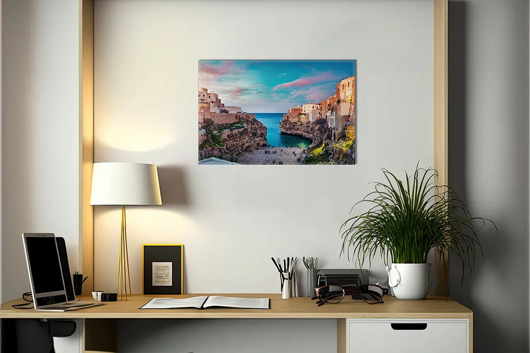 Kurkborden op canvas met kleurrijk mediterraan kustdorp – formaat 140 × 100 cm