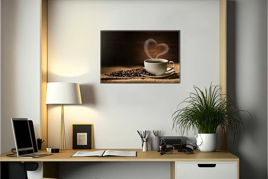 Kurkborden op canvas met warme koffie met koffiebonen – formaat 140 × 100 cm