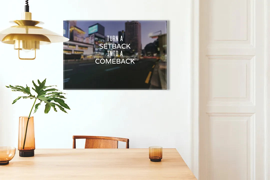 Kurkborden op canvas met motiverende quote over een comeback – formaat 100 × 70 cm