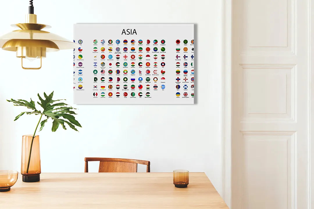 Kurkborden op canvas met kaart van azië met vlaggen – formaat 100 × 70 cm