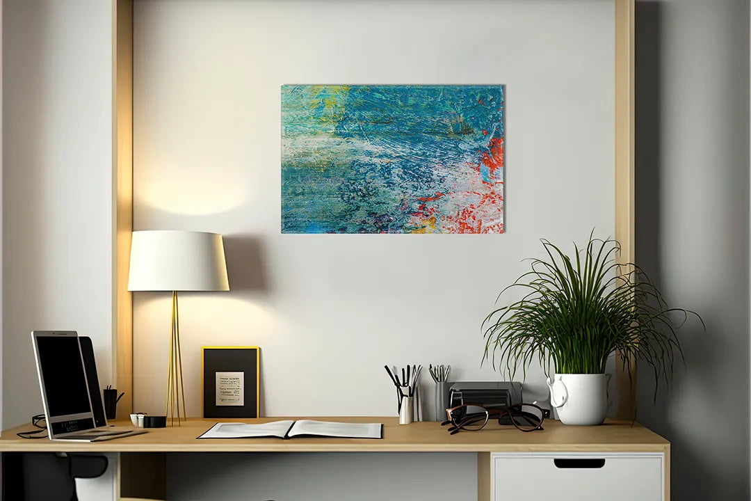 Kurkborden op canvas met abstract turquoise verfschilderij – formaat 140 × 100 cm