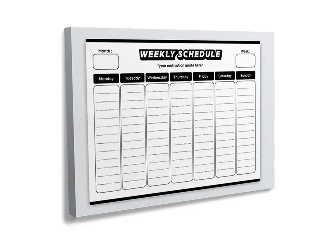 Kurkborden op canvas met zwart-witte weekschema planner – formaat 120 × 80 cm