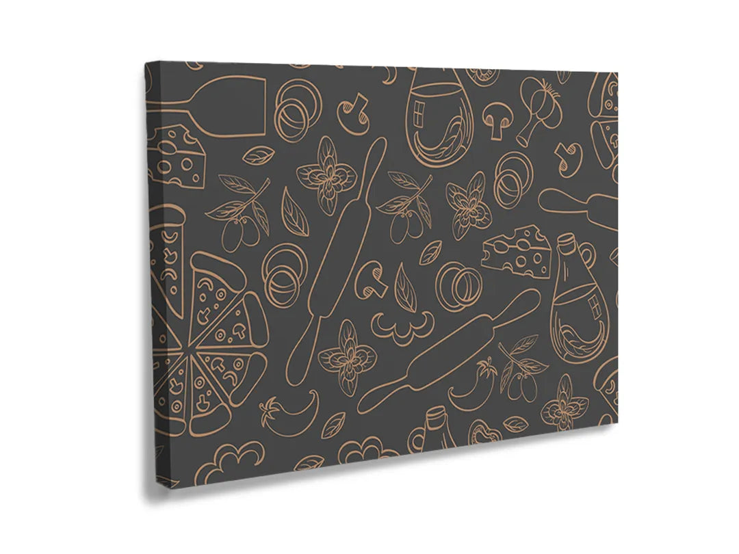 Kurkborden op canvas met donker keukenpatroon met lijnillustraties – formaat 120 × 80 cm