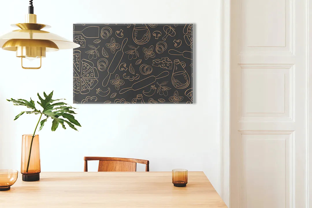 Kurkborden op canvas met donker keukenpatroon met lijnillustraties – formaat 100 × 70 cm