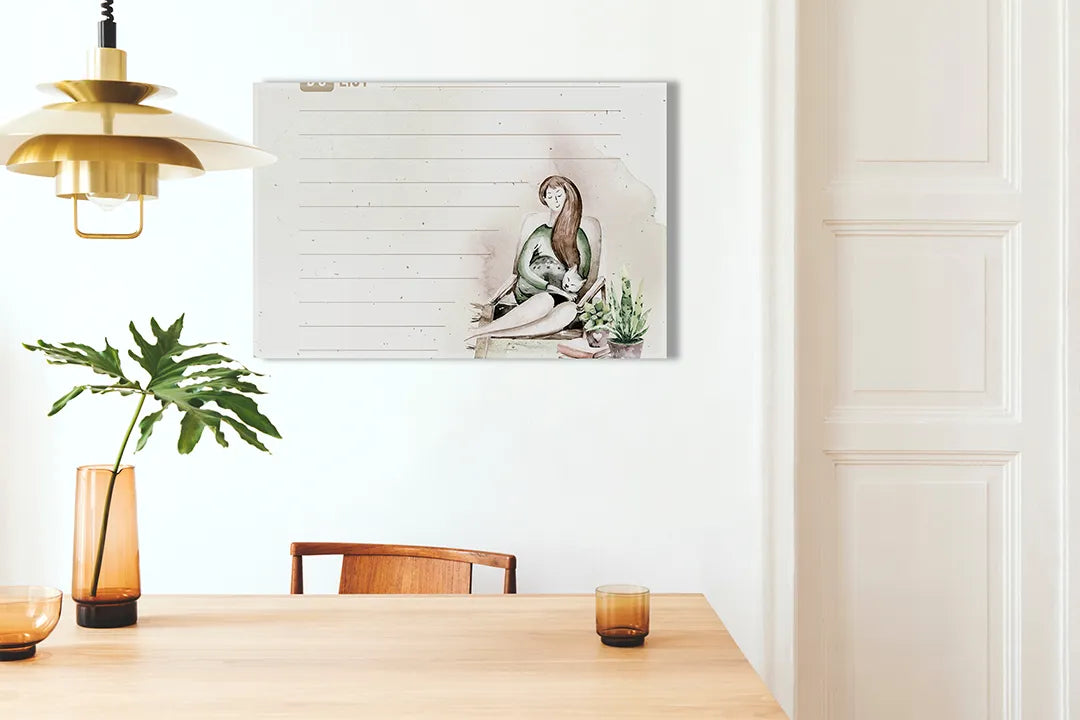 Kurkborden op canvas met minimalistische notitieplanner met vrouw – formaat 100 × 70 cm