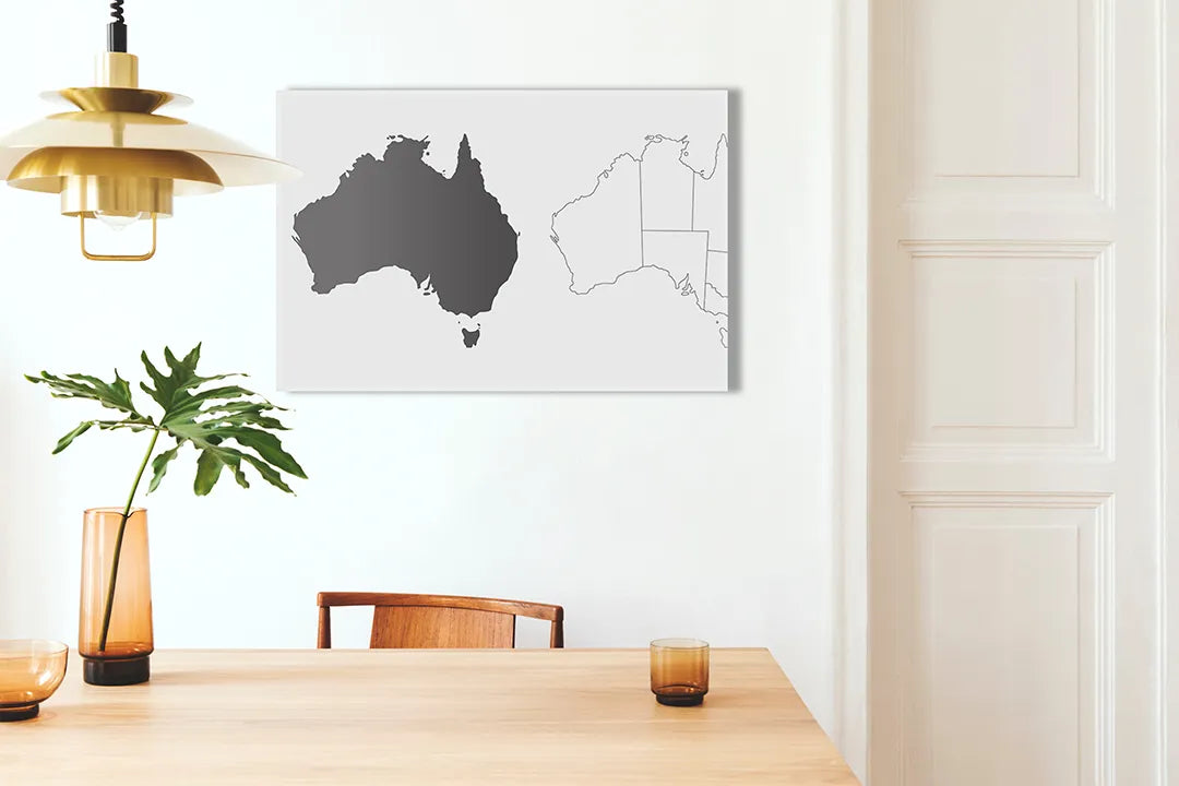 Kurkborden op canvas met kaart van australië in zwart-wit – formaat 100 × 70 cm