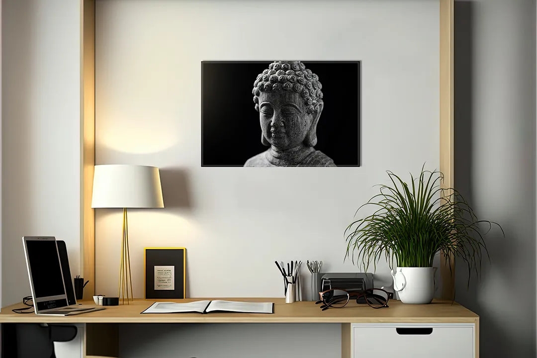 Kurkborden op canvas met zwart-wit boeddhabeeld – formaat 140 × 100 cm