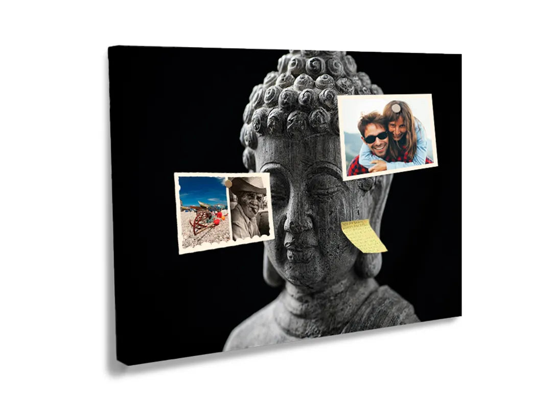 Kurkborden op canvas met zwart-wit boeddhabeeld – formaat 60 × 40 cm