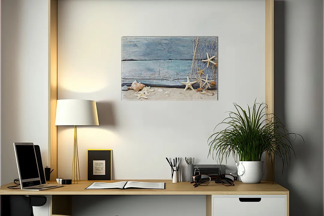 Kurkborden op canvas met strandhout met schelpen en zeesterren – formaat 140 × 100 cm