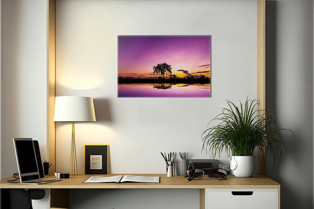 Kurkborden op canvas met boom bij paarse zonsondergang – formaat 140 × 100 cm