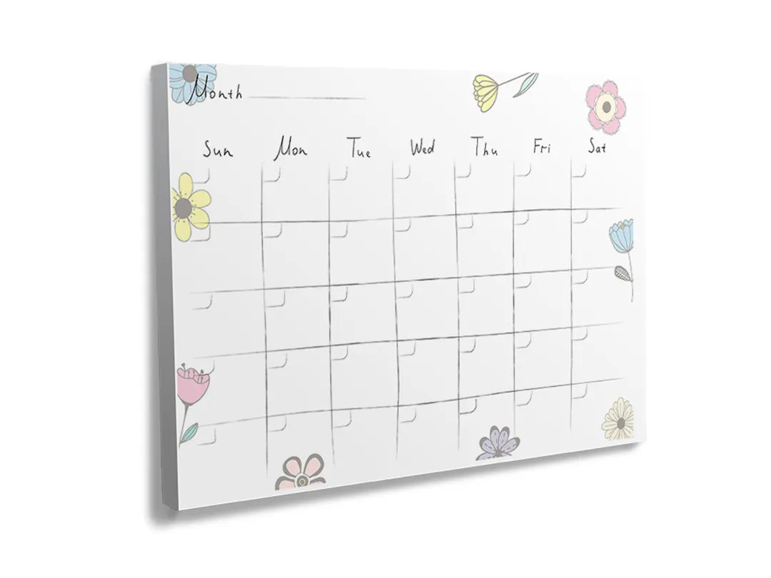 Kurkborden op canvas met minimalistische maandkalender met bloemen – formaat 120 × 80 cm