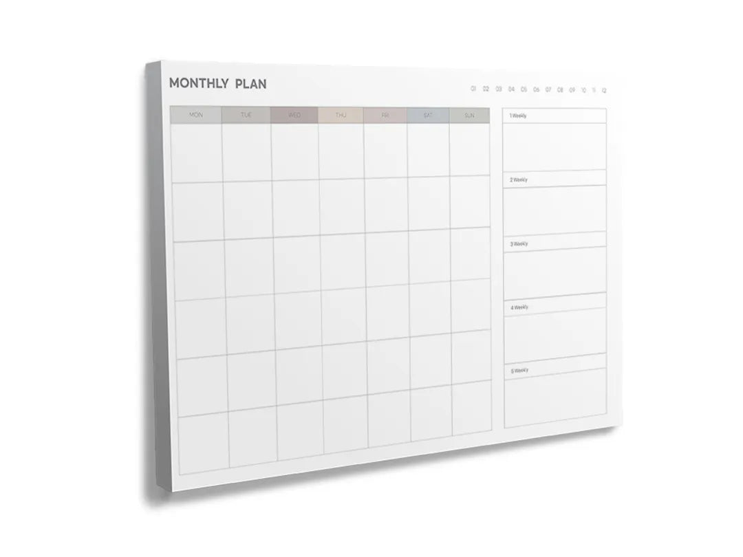 Kurkborden op canvas met minimalistische maandplanner in grijs – formaat 120 × 80 cm