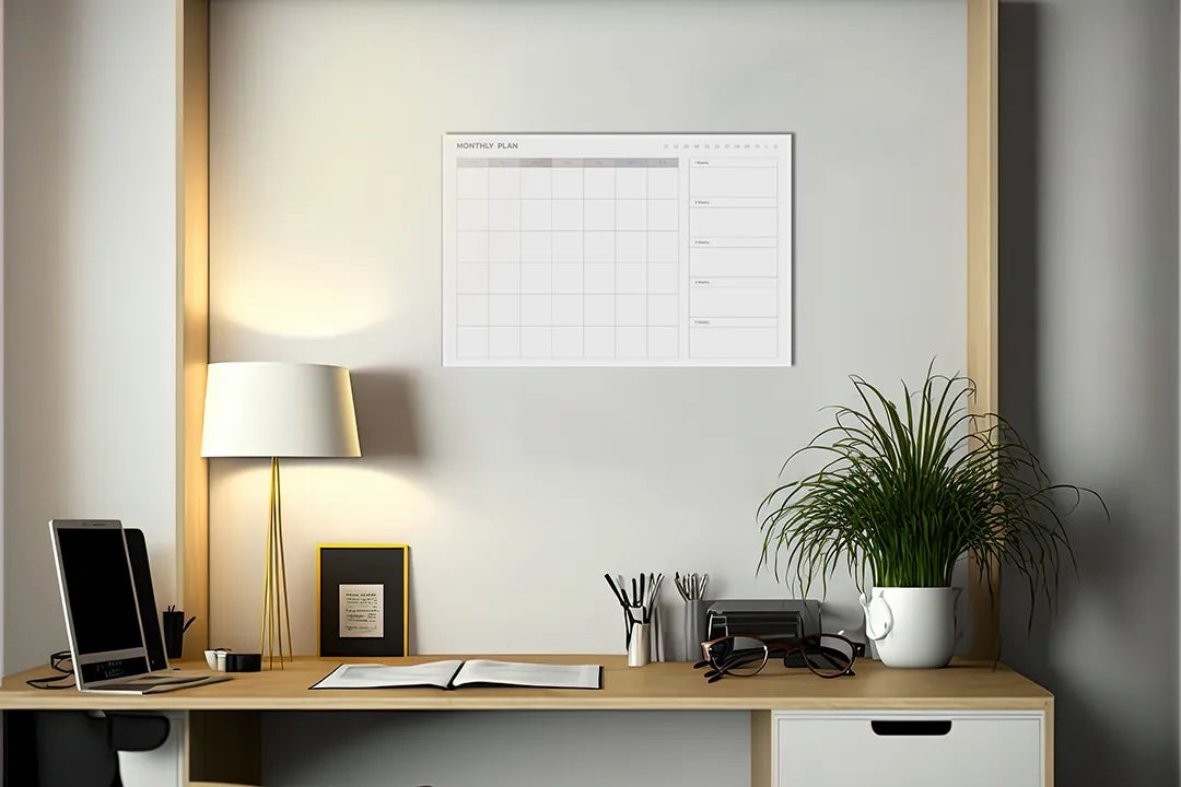 Kurkborden op canvas met minimalistische maandplanner in grijs – formaat 140 × 100 cm
