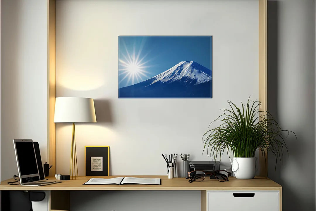 Kurkborden op canvas met mount fuji met zonnestralen – formaat 140 × 100 cm