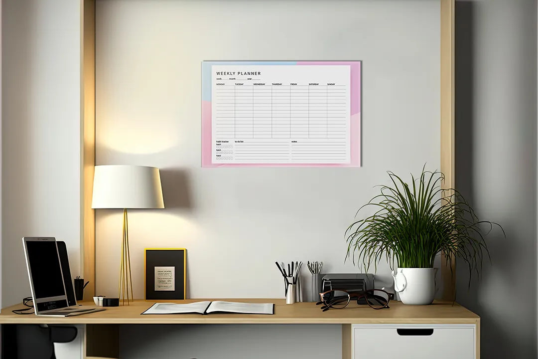 Kurkborden op canvas met roze minimalistische weekplanner – formaat 140 × 100 cm