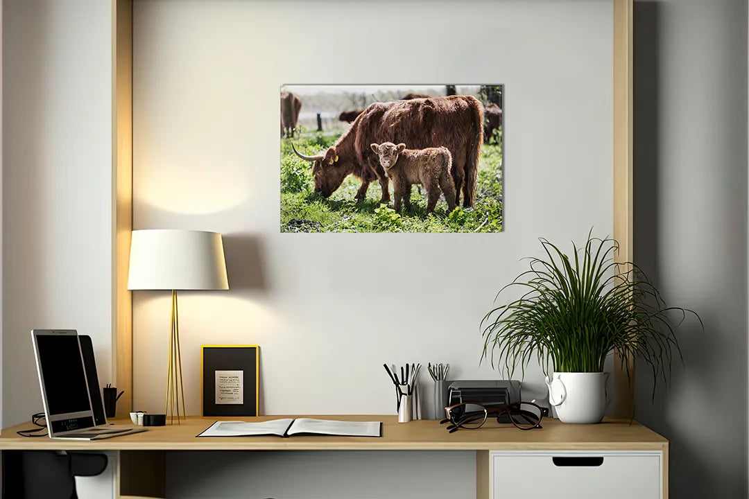 Kurkborden op canvas met schotse hooglander met kalf – formaat 140 × 100 cm