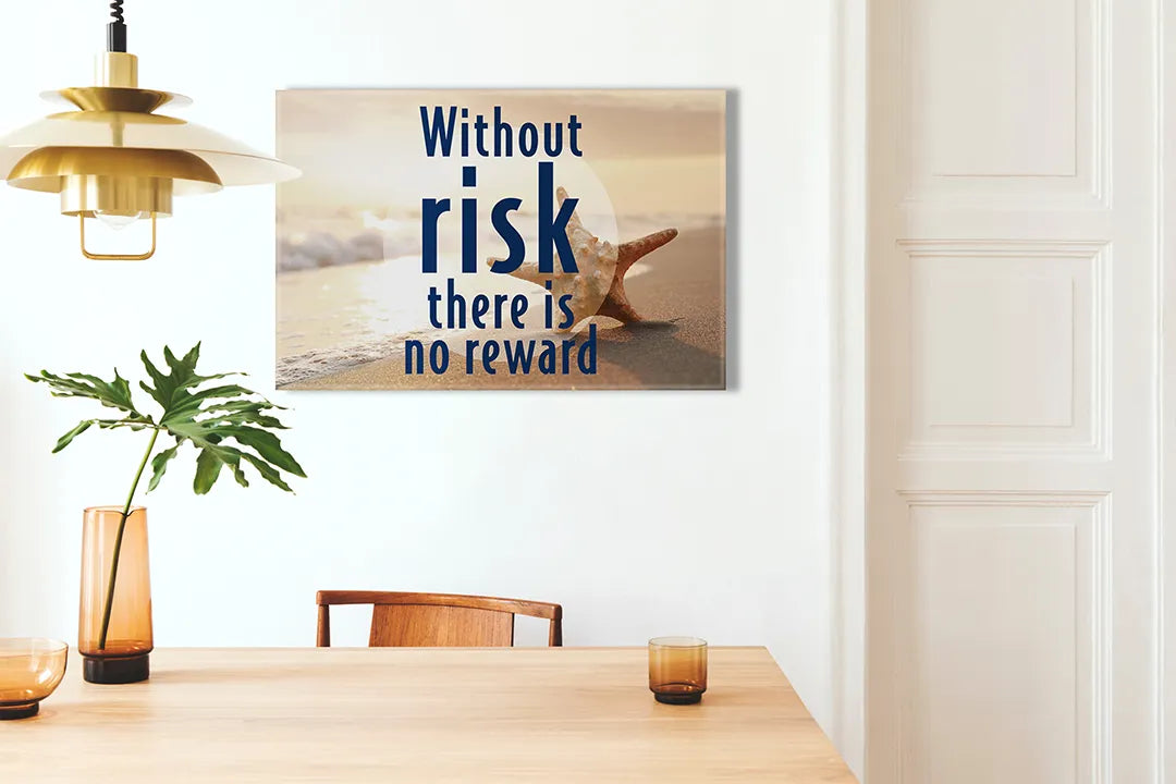 Kurkborden op canvas met motiverende quote zonder risico geen beloning – formaat 100 × 70 cm