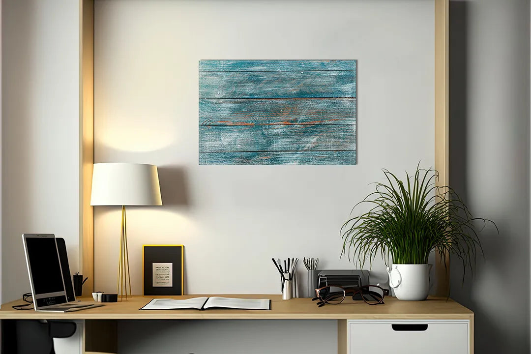 Kurkborden op canvas met turquoise verweerde houtstructuur – formaat 140 × 100 cm