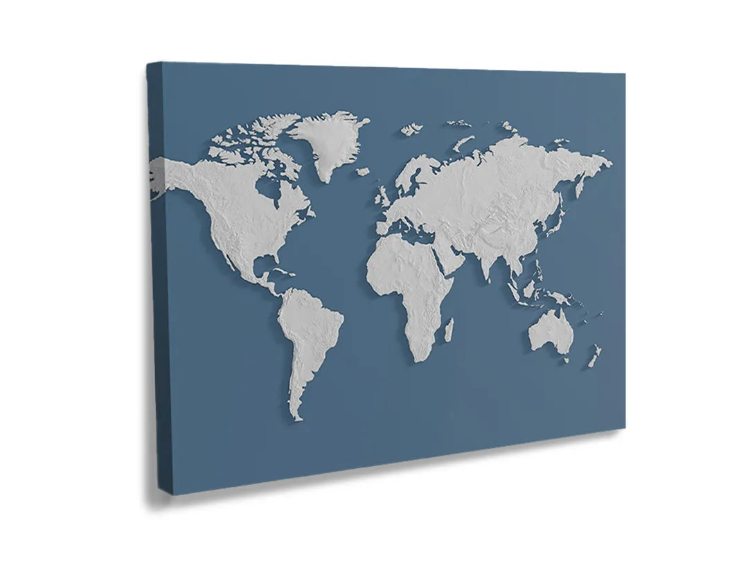 Kurkborden op canvas met witte wereldkaart op donkerblauw – formaat 120 × 80 cm