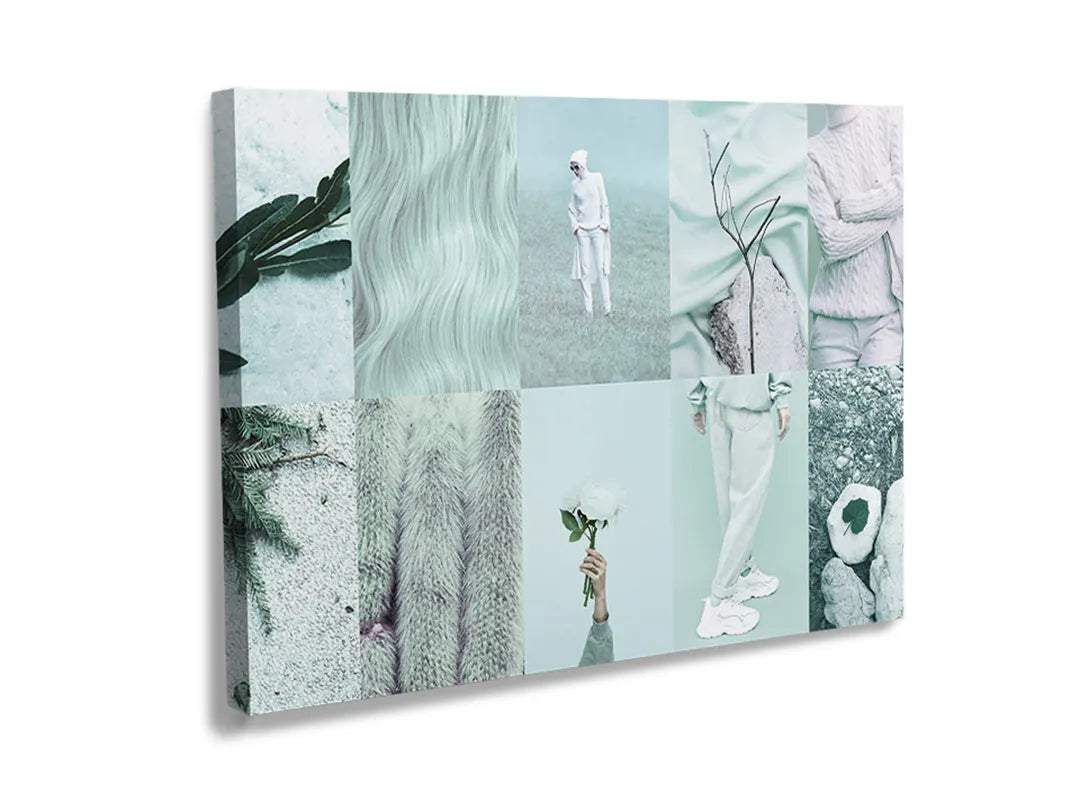 Kurkborden op canvas met abstracte collage in mintgroen – formaat 120 × 80 cm
