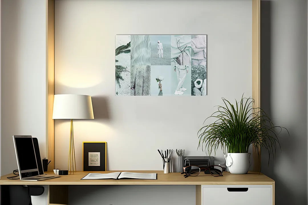 Kurkborden op canvas met abstracte collage in mintgroen – formaat 140 × 100 cm