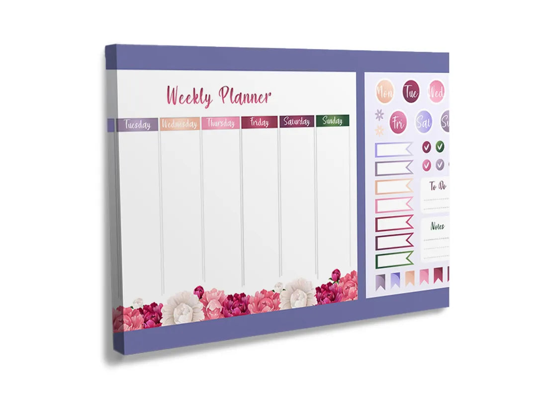 Kurkborden op canvas met paarse weekplanner met stickers – formaat 120 × 80 cm