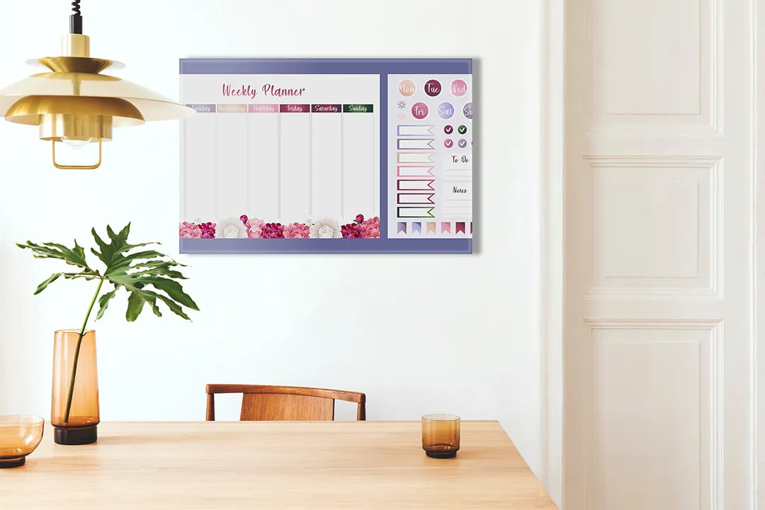 Kurkborden op canvas met paarse weekplanner met stickers – formaat 100 × 70 cm