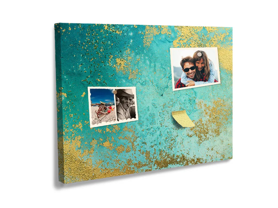 Kurkborden op canvas met turquoise en gouden betonlook – formaat 60 × 40 cm