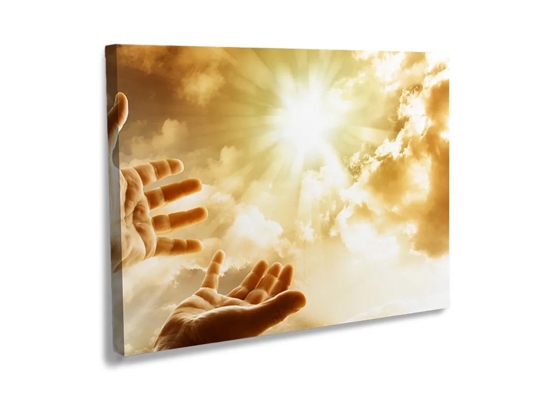 Kurkborden op canvas met handen in zonlicht en wolken – formaat 120 × 80 cm