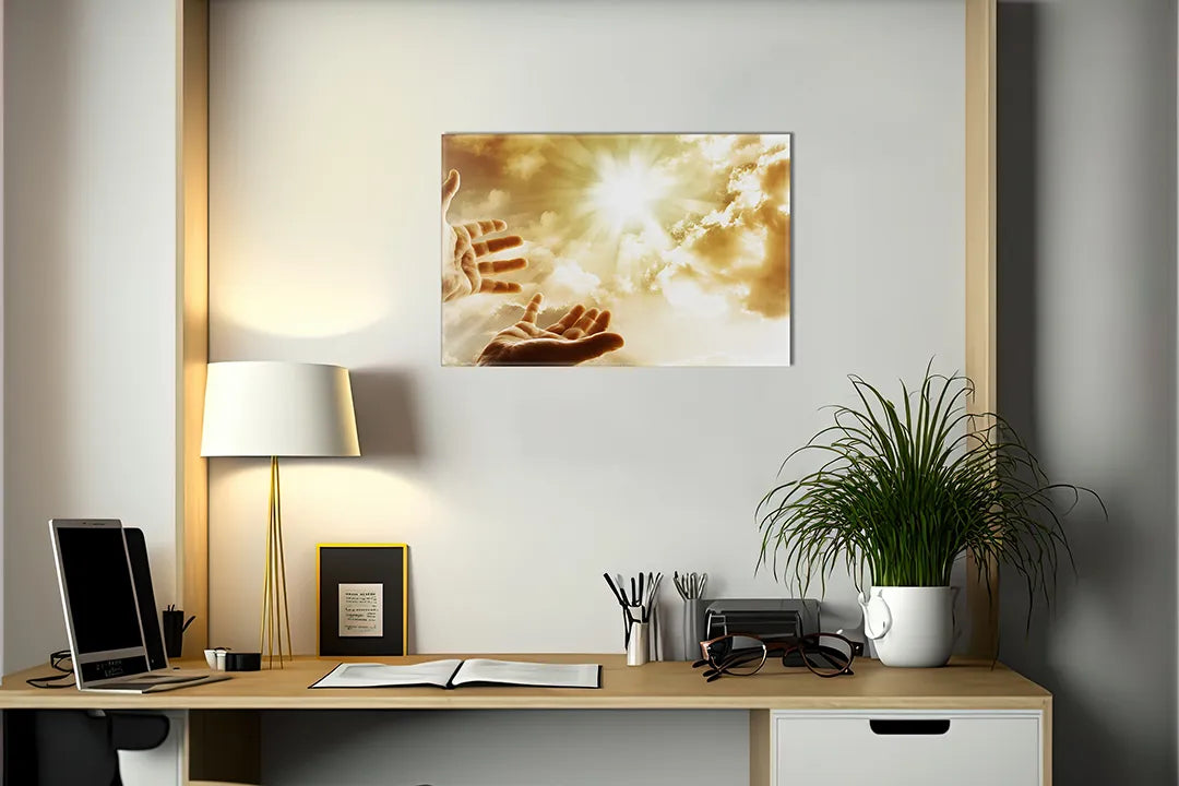 Kurkborden op canvas met handen in zonlicht en wolken – formaat 140 × 100 cm
