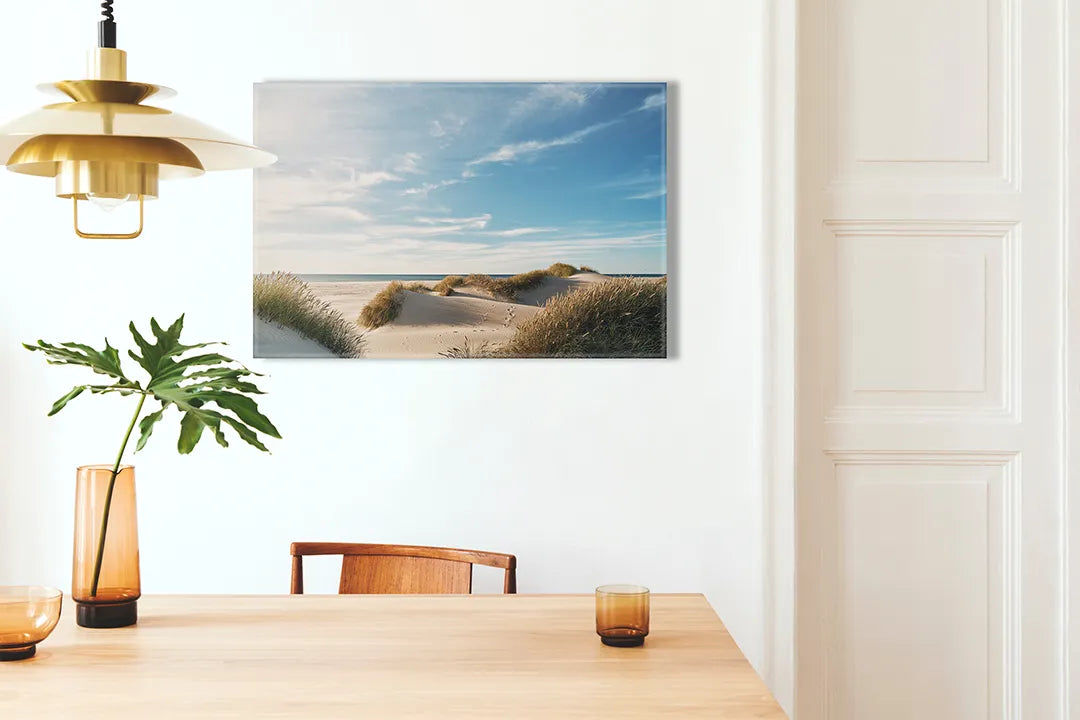 Kurkborden op canvas met duinen onder blauwe zomerhemel – formaat 100 × 70 cm