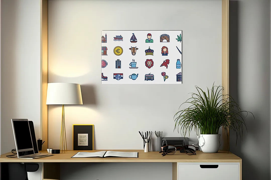 Kurkborden op canvas met reisiconen en wereldsymbolen – formaat 140 × 100 cm