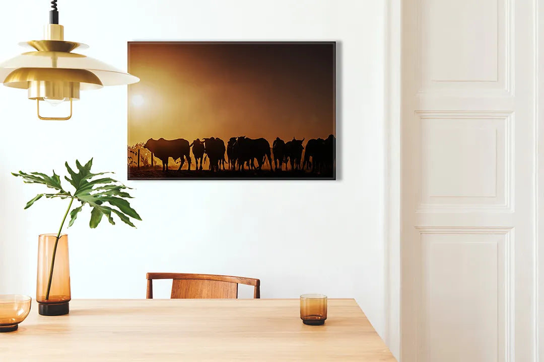 Kurkborden op canvas met olifanten bij zonsondergang – formaat 100 × 70 cm
