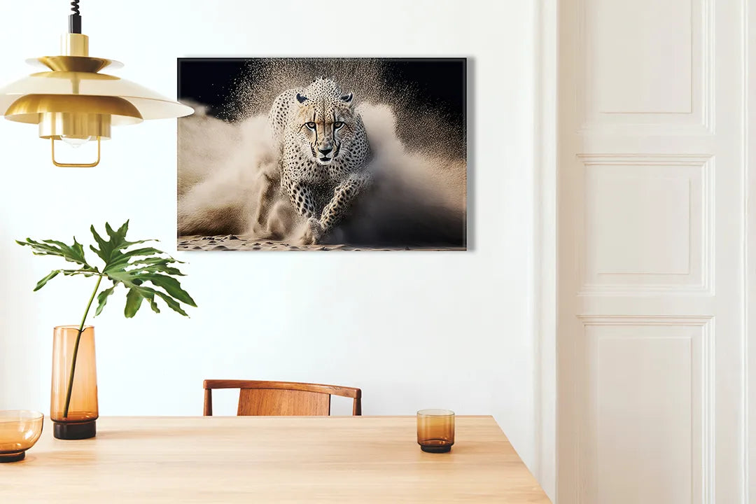 Kurkborden op canvas met sneeuwluipaard in een stofwolk – formaat 100 × 70 cm