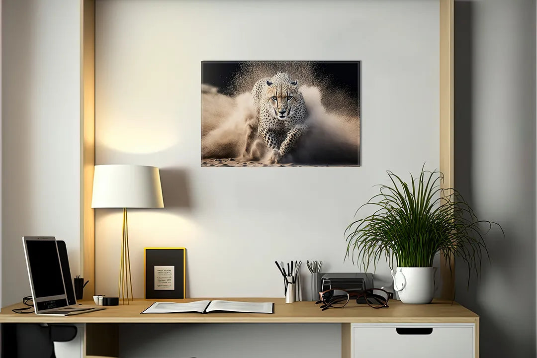 Kurkborden op canvas met sneeuwluipaard in een stofwolk – formaat 140 × 100 cm