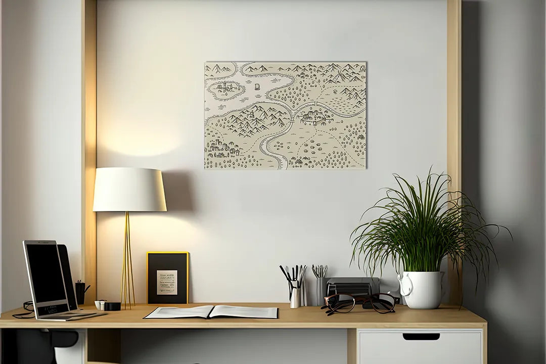 Kurkborden op canvas met getekende avonturenkaart met bergen – formaat 140 × 100 cm