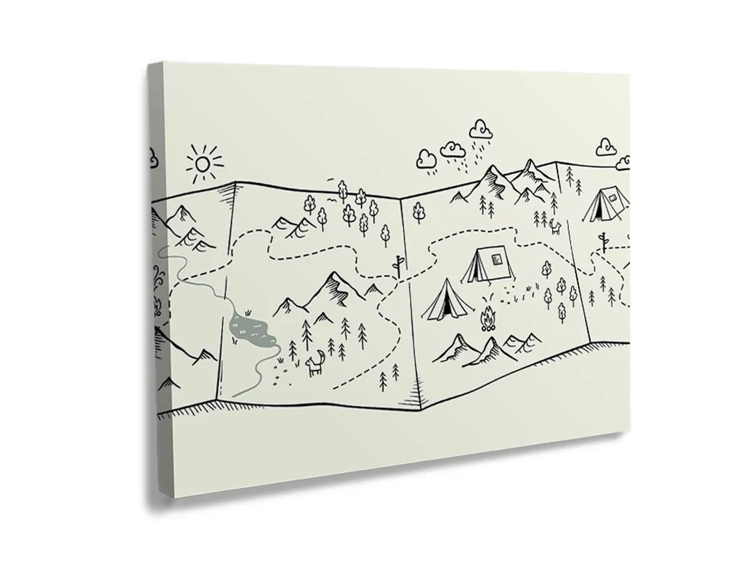 Kurkborden op canvas met minimalistische berglandschap lijntekening – formaat 120 × 80 cm