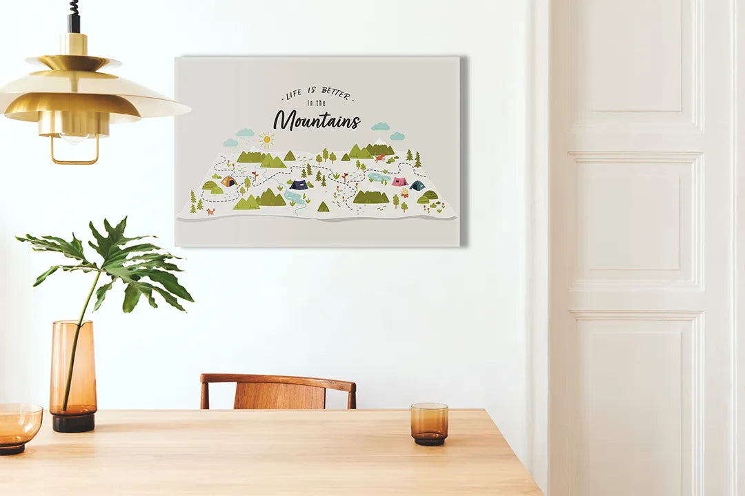 Kurkborden op canvas met kleurrijke bergillustratie met tekst – formaat 100 × 70 cm