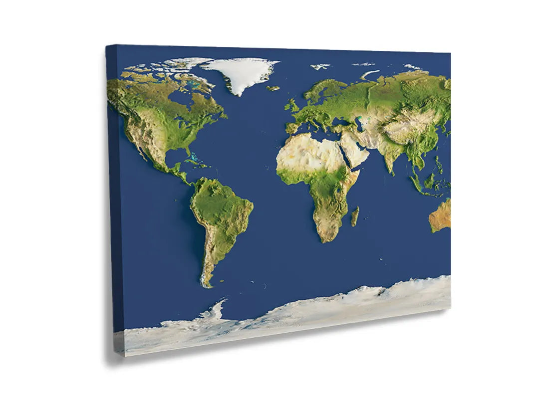 Kurkborden op canvas met gedetailleerde fysieke wereldkaart – formaat 120 × 80 cm