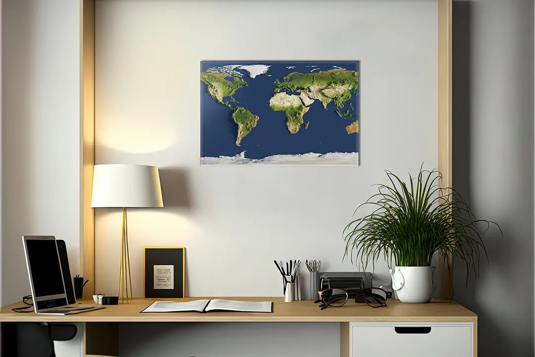 Kurkborden op canvas met gedetailleerde fysieke wereldkaart – formaat 140 × 100 cm
