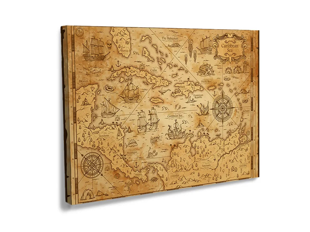 Kurkborden op canvas met antieke fantasiekaart op perkament – formaat 120 × 80 cm