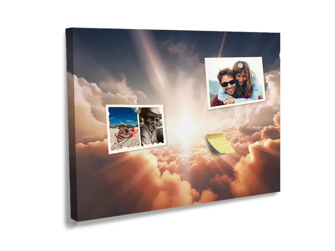 Kurkborden op canvas met zonlicht dat door wolken breekt – formaat 60 × 40 cm