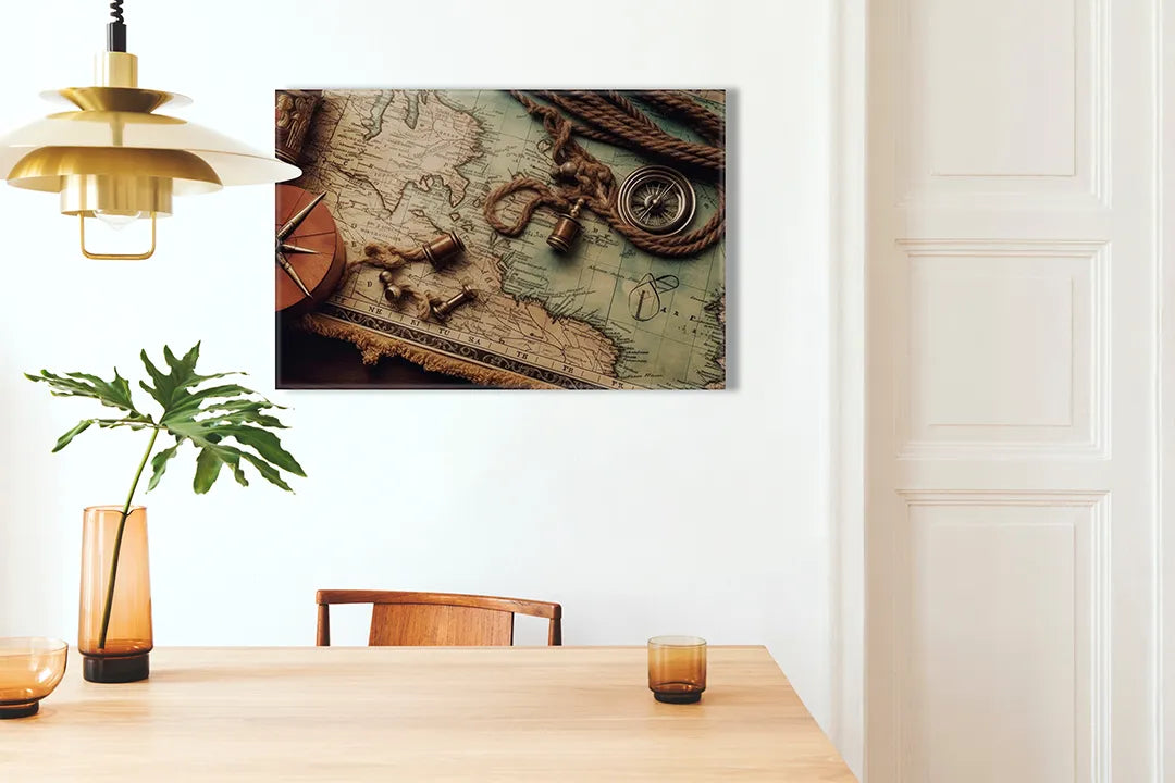 Kurkborden op canvas met vintage reisbenodigdheden op landkaart – formaat 100 × 70 cm