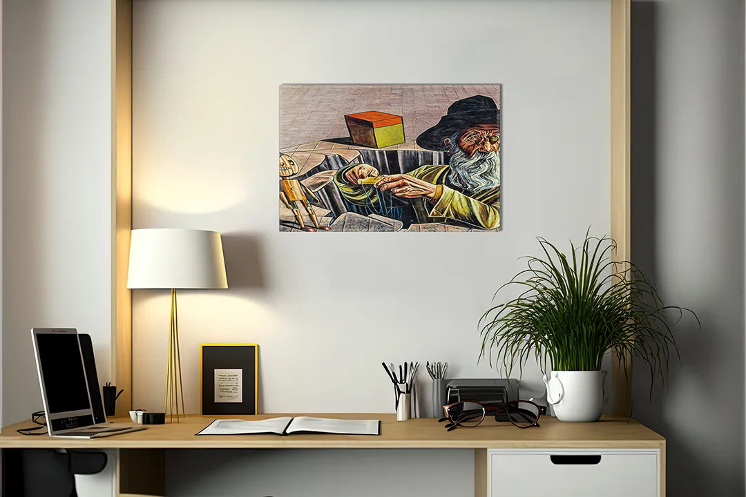 Kurkborden op canvas met kubistische kunstenaar aan het werk – formaat 140 × 100 cm