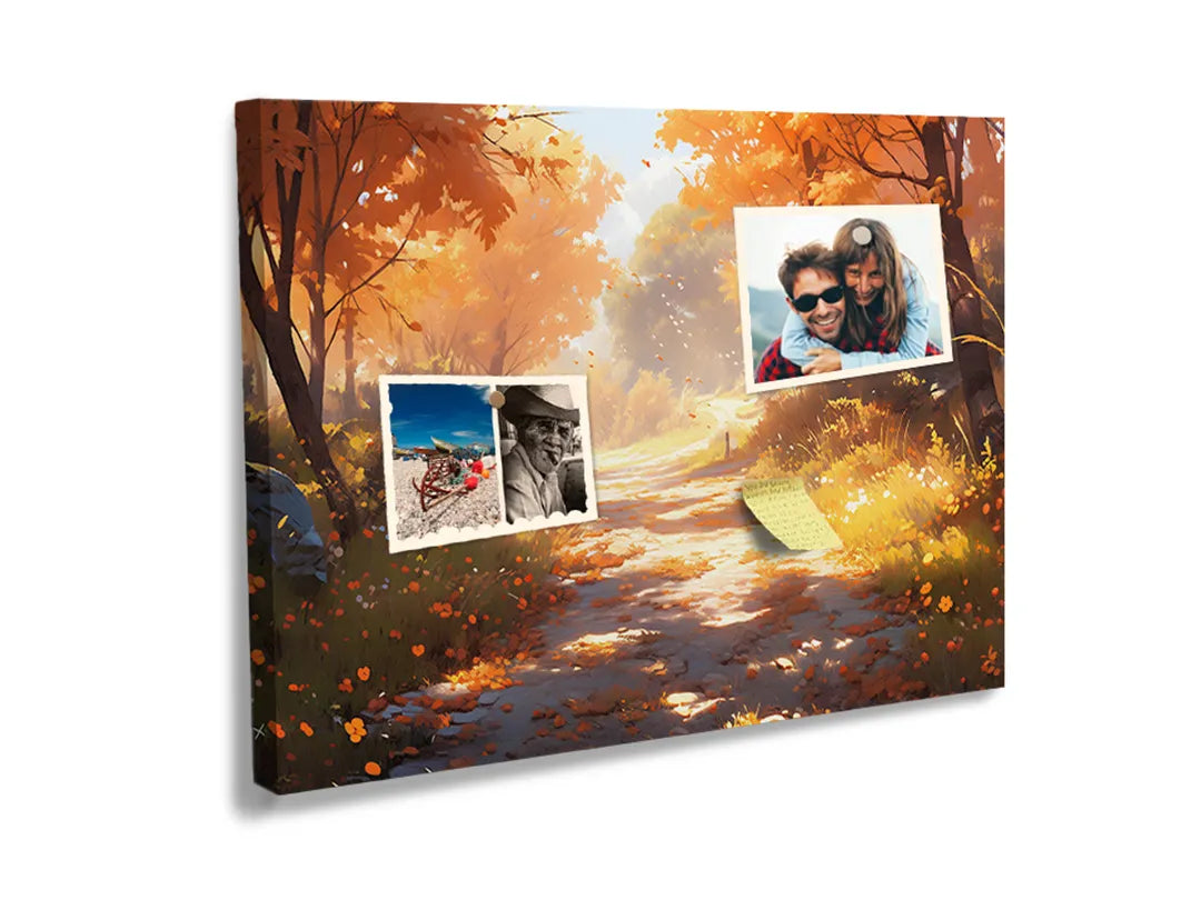 Kurkborden op canvas met herfstbos met zonnestralen – formaat 60 × 40 cm