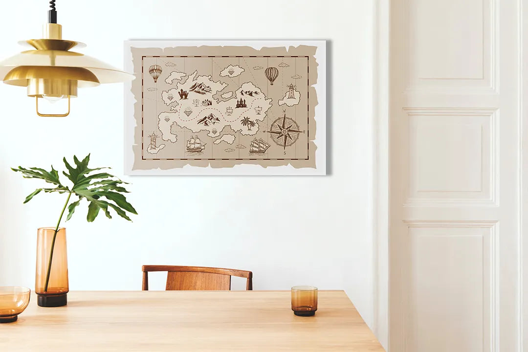 Kurkborden op canvas met speelse schatkaart op gescheurd papier – formaat 100 × 70 cm