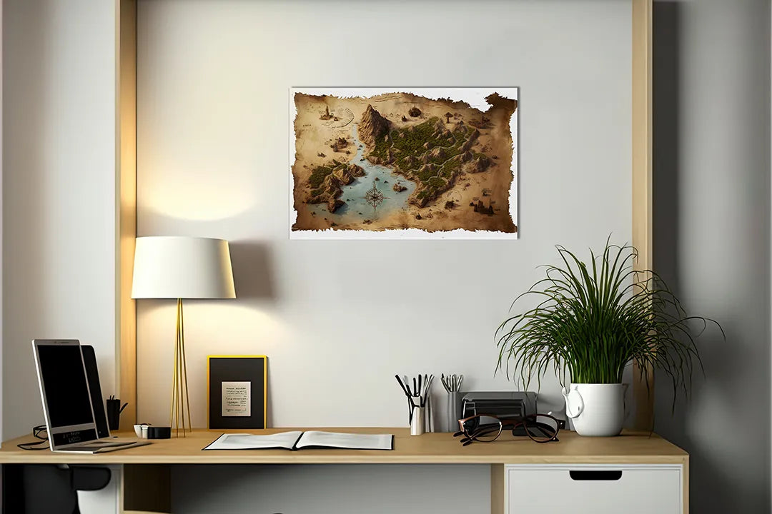 Kurkborden op canvas met fantasy eilandkaart op verweerd papier – formaat 140 × 100 cm